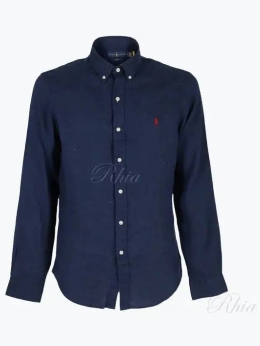 Pony Embroidered Linen Long Sleeve Shirt Navy - POLO RALPH LAUREN - BALAAN 2