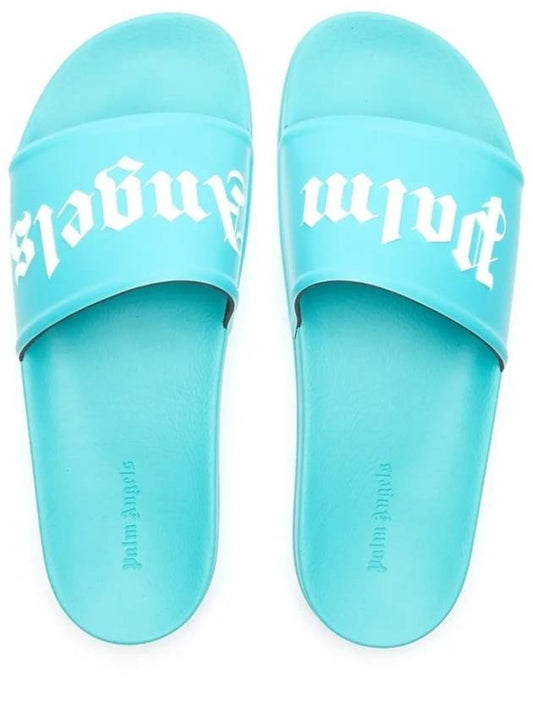 Logo Print Slippers Light Blue - PALM ANGELS - BALAAN.