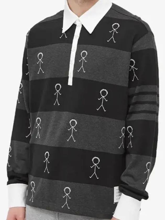 4 Bar Rugby Stripe Oversized Long Sleeve Polo Shirt Black - THOM BROWNE - BALAAN 4