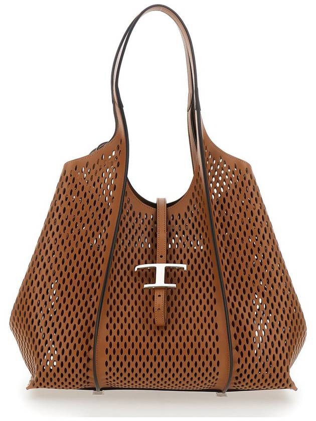 Brown Shoulder Bag With Metallic Pendant Timeless T In Perforated Leather Woman - TOD'S - BALAAN 1