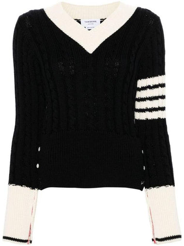 Baby Cable V-Neck Knit Top Navy - THOM BROWNE - BALAAN 1