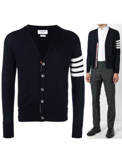 Men's Classic V-neck Merino Wool Cardigan Navy - THOM BROWNE - BALAAN 2