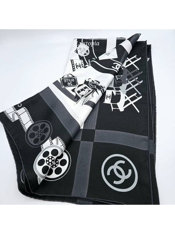 24K Square Silk Scarf CC Logo Black White AAA533 - CHANEL - BALAAN 1