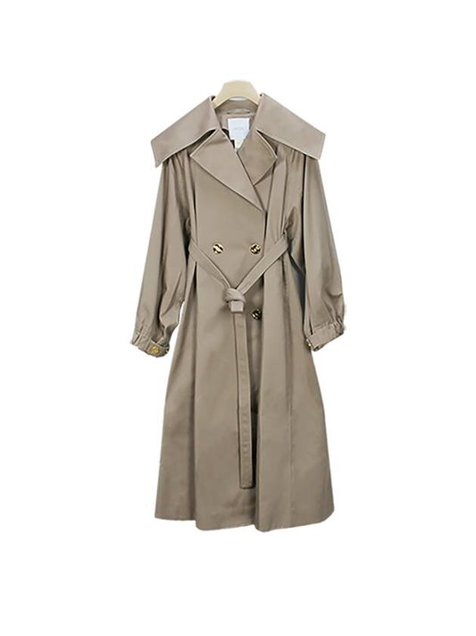 Women's Lapel Collar Belt Cotton Double Coat Beige - PATOU - BALAAN 2