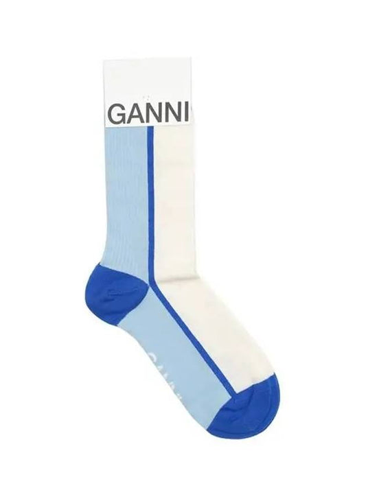 Rib Color Block Cotton High Top Socks Blue - GANNI - 2