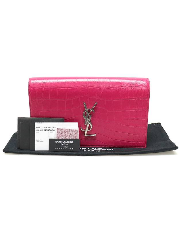 400409 Pink crocodile pattern silver logo monogram clutch - SAINT LAURENT - BALAAN 2