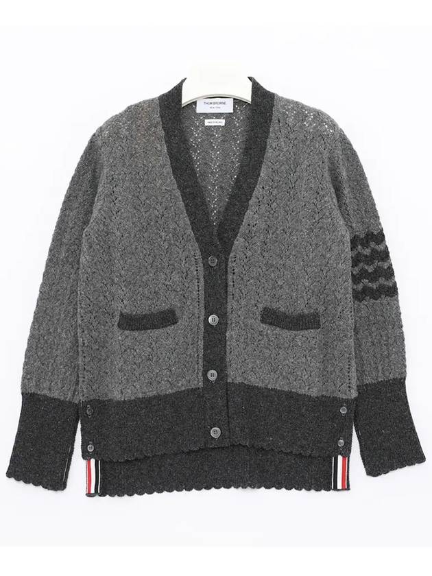 Women's Shetland Cable Pointelle Cardigan Grey - THOM BROWNE - BALAAN 3