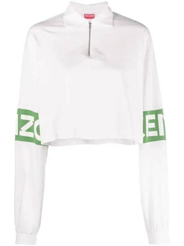 Half Zip Up Logo Print Crop Sweatshirt White - KENZO - BALAAN 1