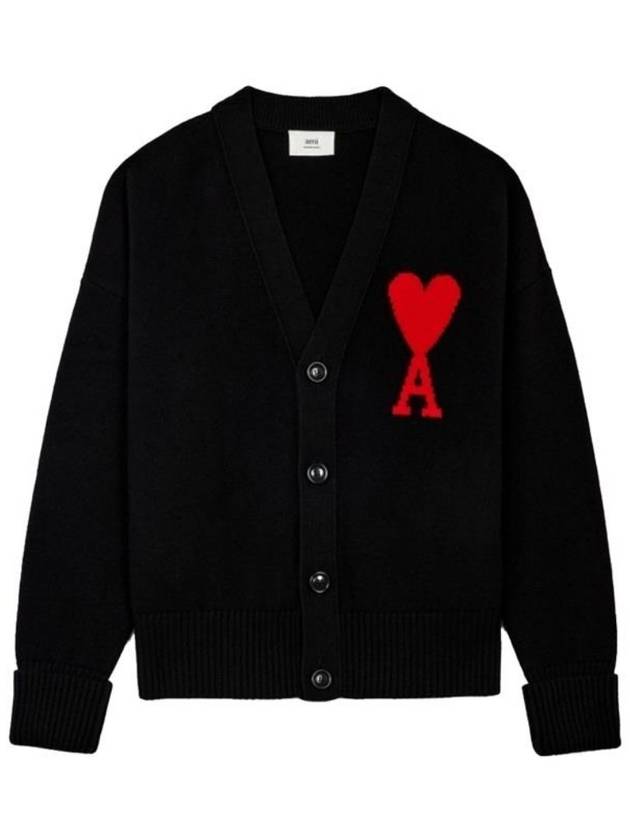 Intarsia Big Heart Logo Oversized Virgin Wool Cardigan Black - AMI - BALAAN 2