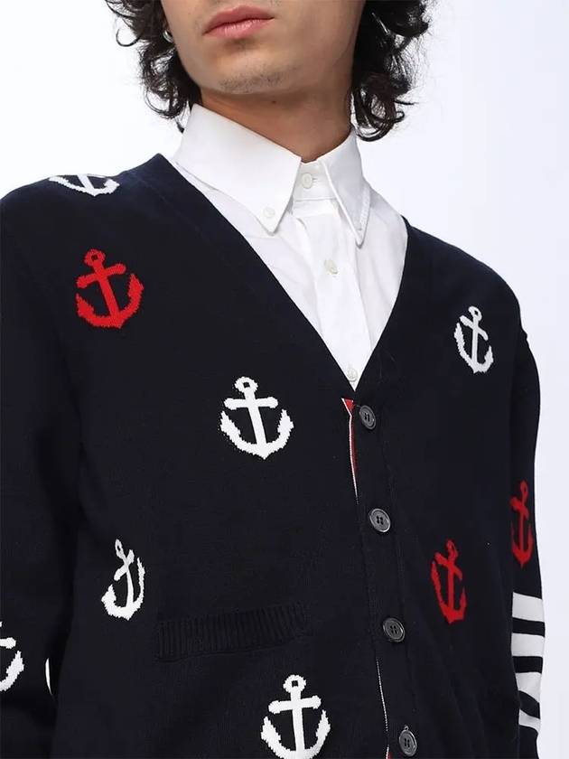 Anchor Intarsia 4-Bar V-Neck Cardigan Navy - THOM BROWNE - BALAAN 4