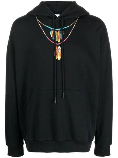 Feather Necklace Print Cotton Hoodie Black - MARCELO BURLON - BALAAN 2