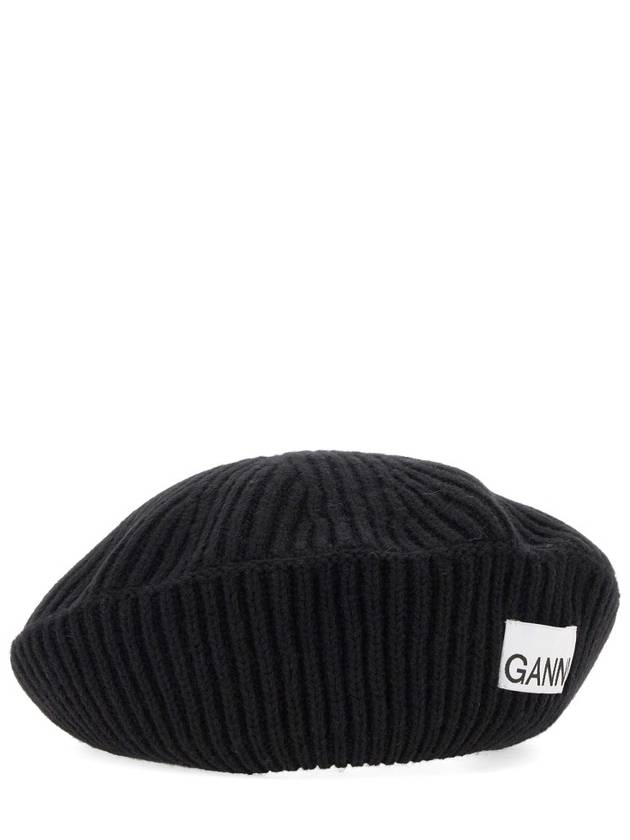 Logo Rib Edge Wool Beret Black - GANNI - BALAAN 3