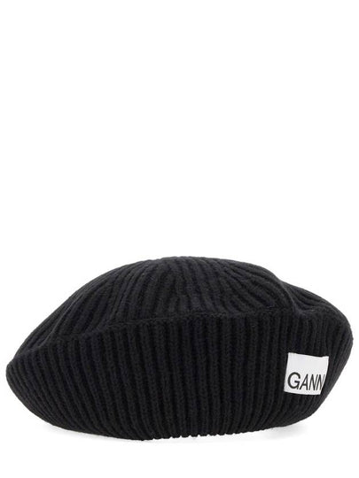 Logo Rib Edge Wool Beret Black - GANNI - BALAAN 2