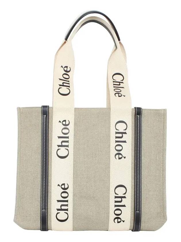 Woody Canvas Medium Tote Bag White Navy - CHLOE - BALAAN 3