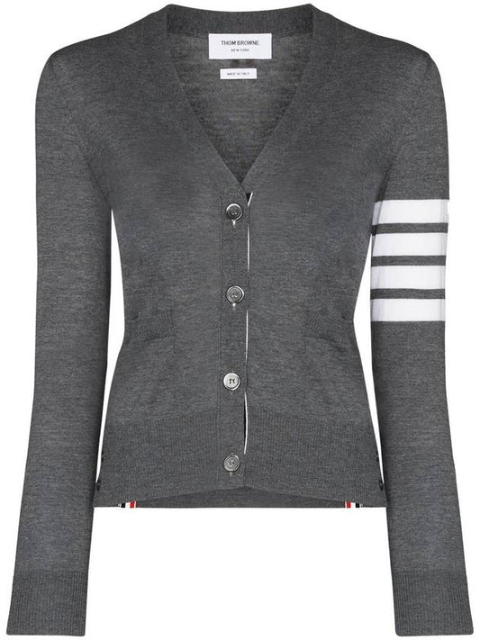 Milano Stitch 4 Bar Classic V Neck Fine Merino Wool Cardigan Medium Grey - THOM BROWNE - BALAAN 2