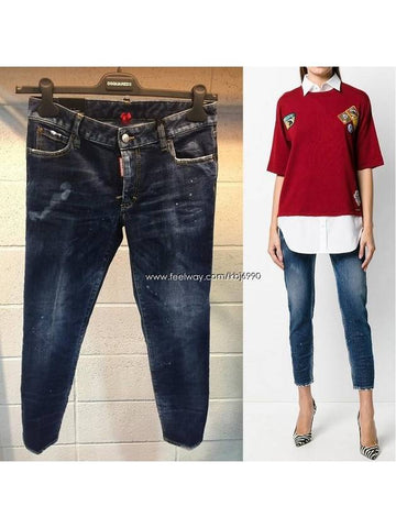 Women's Dique Back Pocket Red Steel Tab Medium Waist Cropped Twiggy Jeans S75LB0008 S30595 470 - DSQUARED2 - BALAAN 1