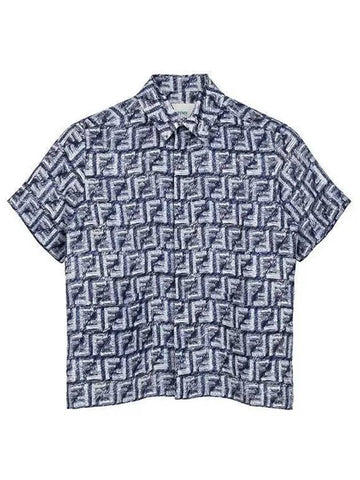 Kids FF Logo All-Over Linen Short Sleeve Shirt Blue - FENDI - BALAAN 1