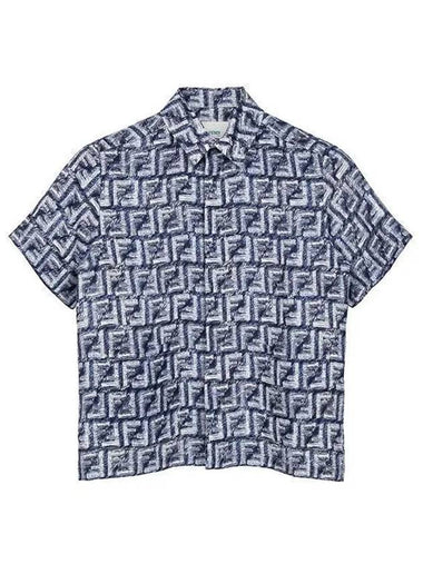 Kids FF Logo All-Over Linen Short Sleeve Shirt Blue - FENDI - BALAAN 1