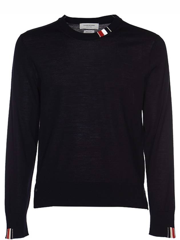 Intarsia Stitch Crew Neck Merino Wool Knit Top Navy - THOM BROWNE - BALAAN 2