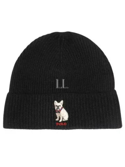 Embroidered French Bulldog Wool Beanie Black - POLO RALPH LAUREN - BALAAN 2