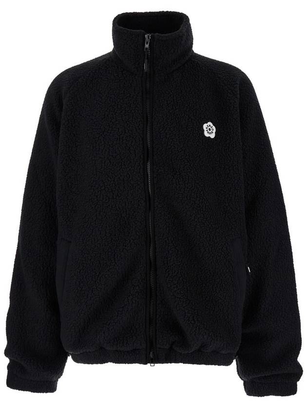 Black High Neck Jacket With Logo Patch In Fleece Man - KENZO - BALAAN 1