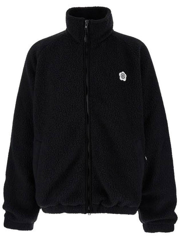 Black High Neck Jacket With Logo Patch In Fleece Man - KENZO - BALAAN 1