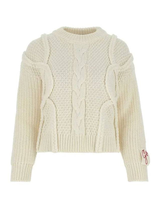 Crew Neck Golden Wool Cable Knit Top Ivory - GOLDEN GOOSE - BALAAN.