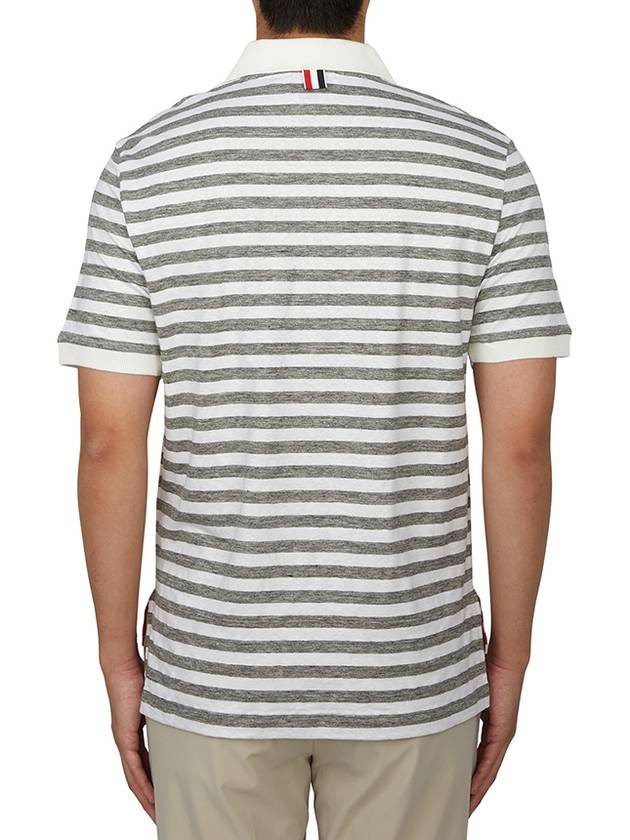 Striped Linen Polo Shirt Grey White - THOM BROWNE - BALAAN 4