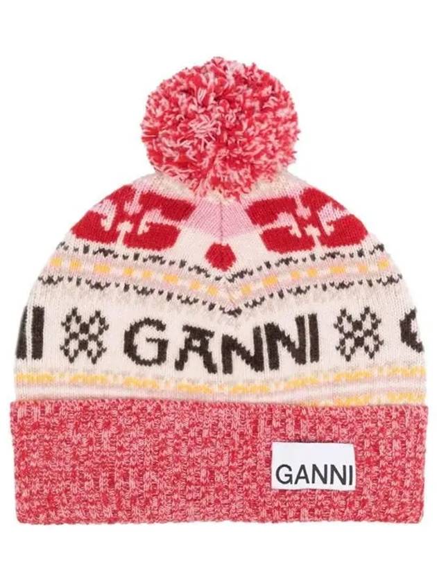 Logo Graphic Intarsia Knit Beanie Red - GANNI - BALAAN 2