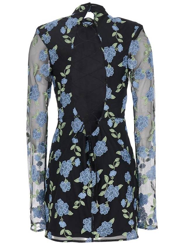 Black High Neck Mini Dress With Semi Sheer Sleeves And All-Over Floral Motif In Tech Fabric Woman - ROTATE - BALAAN 2