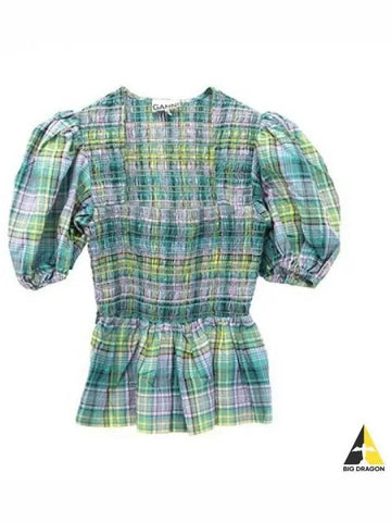 Women s Seersucker Check Shirring Blouse Green F7650 - GANNI - BALAAN 1