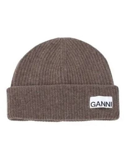 Logo Tag Ribbed Beanie Brown - GANNI - BALAAN 2