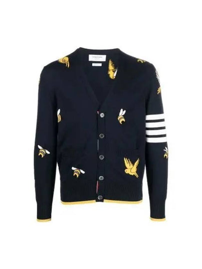 Men's Merino Bird Bee 4 Bar V-Neck Merino Cotton Cardigan Navy - THOM BROWNE - BALAAN 2