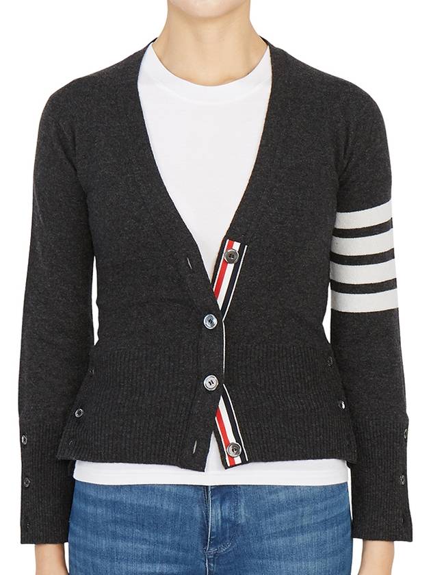 4-Bar V-Neck Cashmere Cardigan Dark Grey - THOM BROWNE - BALAAN.