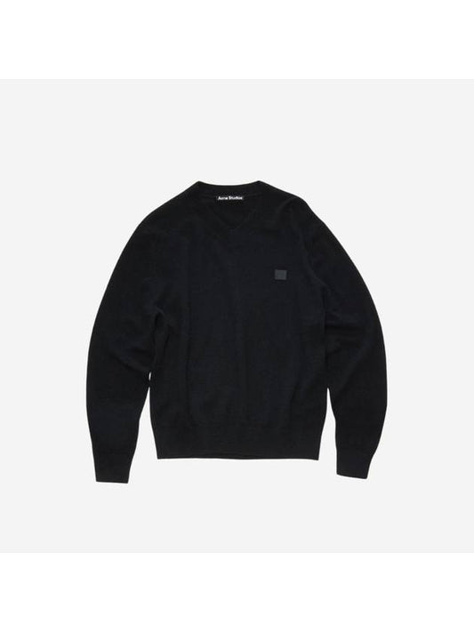 Face Logo V-Neck Knit Top Black - ACNE STUDIOS - BALAAN 1