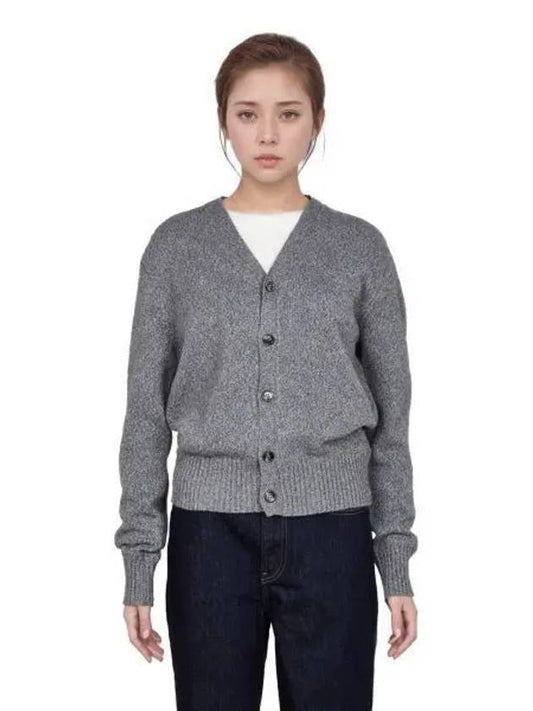 Heart Logo V Neck Cashmere Cardigan Heather Grey - AMI - BALAAN 2