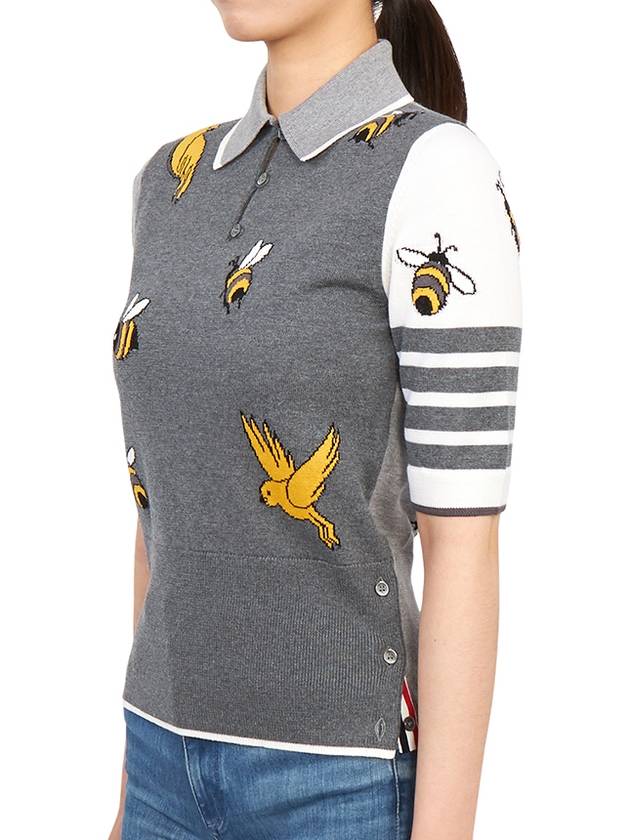 Fun-Mix Cotton Merino Birds and Bees 4-Bar Polo Shirt Tonal Grey - THOM BROWNE - BALAAN 3