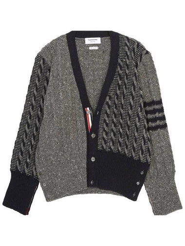 Funmix Donnyroll Cable 4 Bar V-Neck Cardigan Medium Grey - THOM BROWNE - BALAAN 1