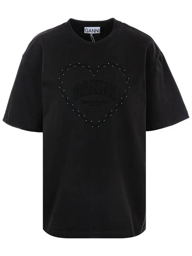 Drop Shoulder Heart Cotton Short Sleeve T-Shirt Black - GANNI - BALAAN 3