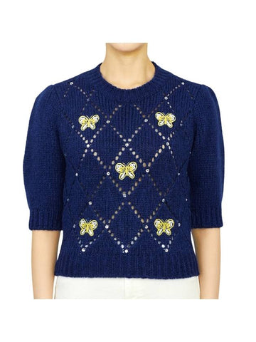 WoMen's Butterfly Embroidered Knit Top Blue - ALESSANDRA RICH - BALAAN 1