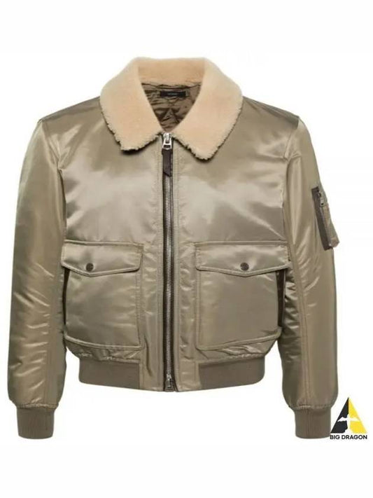 Men's Nylon Twill Shearling Collar Flight Bomber Jacket Khaki - TOM FORD - BALAAN 2