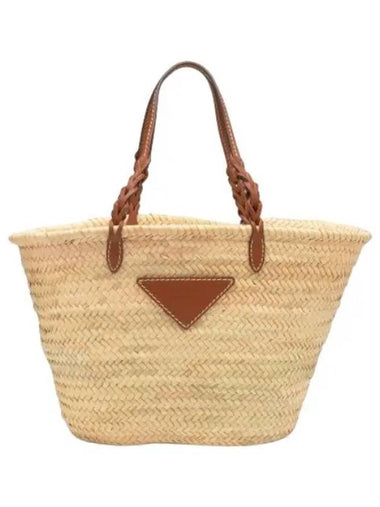 Triangle Logo Woven Palm Shopping Tote Bag Natural Brown - PRADA - BALAAN 1