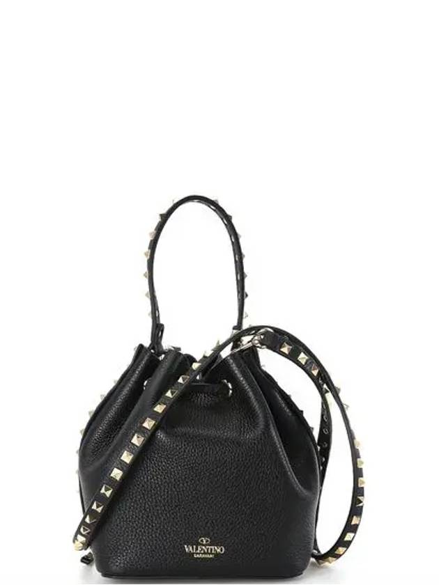 Rockstud Logo Leather Bucket Bag Black - VALENTINO - BALAAN 4