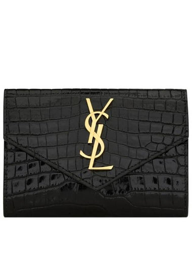 Crocodile Effect Leather Card Wallet Black - SAINT LAURENT - BALAAN 1