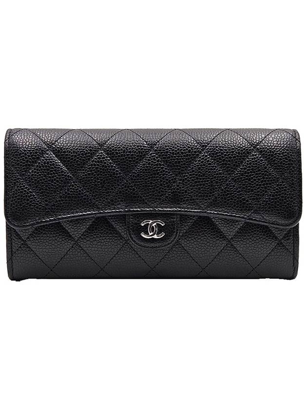 Chanel AP0241 Black Caviar Silver CC Logo Classic Long Flap Wallet - CHANEL - BALAAN 1