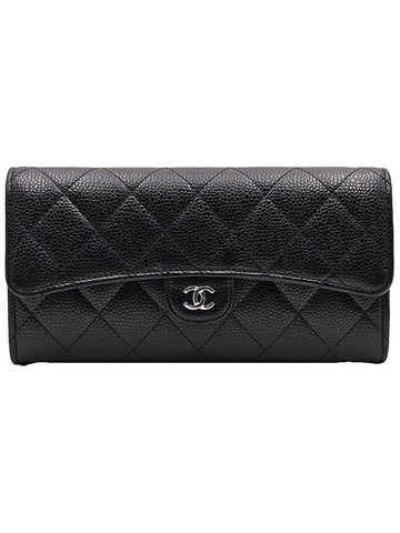 Chanel AP0241 Black Caviar Silver CC Logo Classic Long Flap Wallet - CHANEL - BALAAN 1