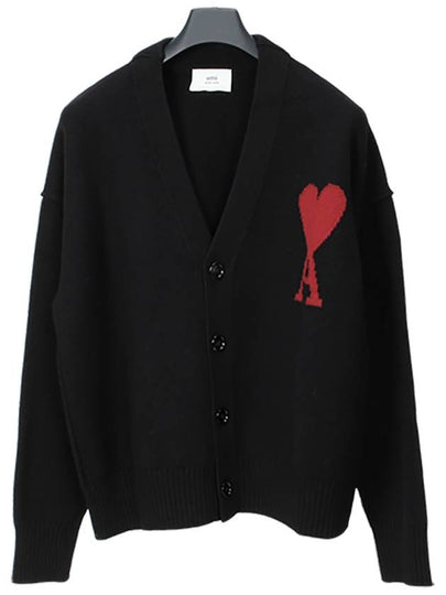 Heart Logo V Neck Wool Cardigan Black - AMI - BALAAN 2