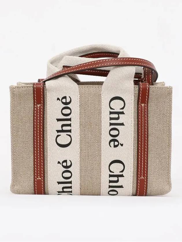 Woody Linen Canvas Calfskin Tote Bag White Brown - CHLOE - BALAAN 4