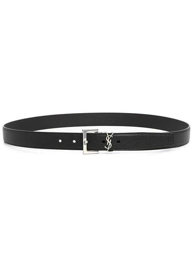 Silver Hardware Monogram Buckle Leather Belt Black - SAINT LAURENT - BALAAN 3