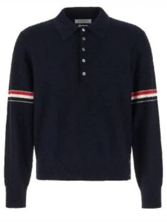 Striped Virgin Wool Long Sleeve Polo Shirt Navy - THOM BROWNE - BALAAN 2